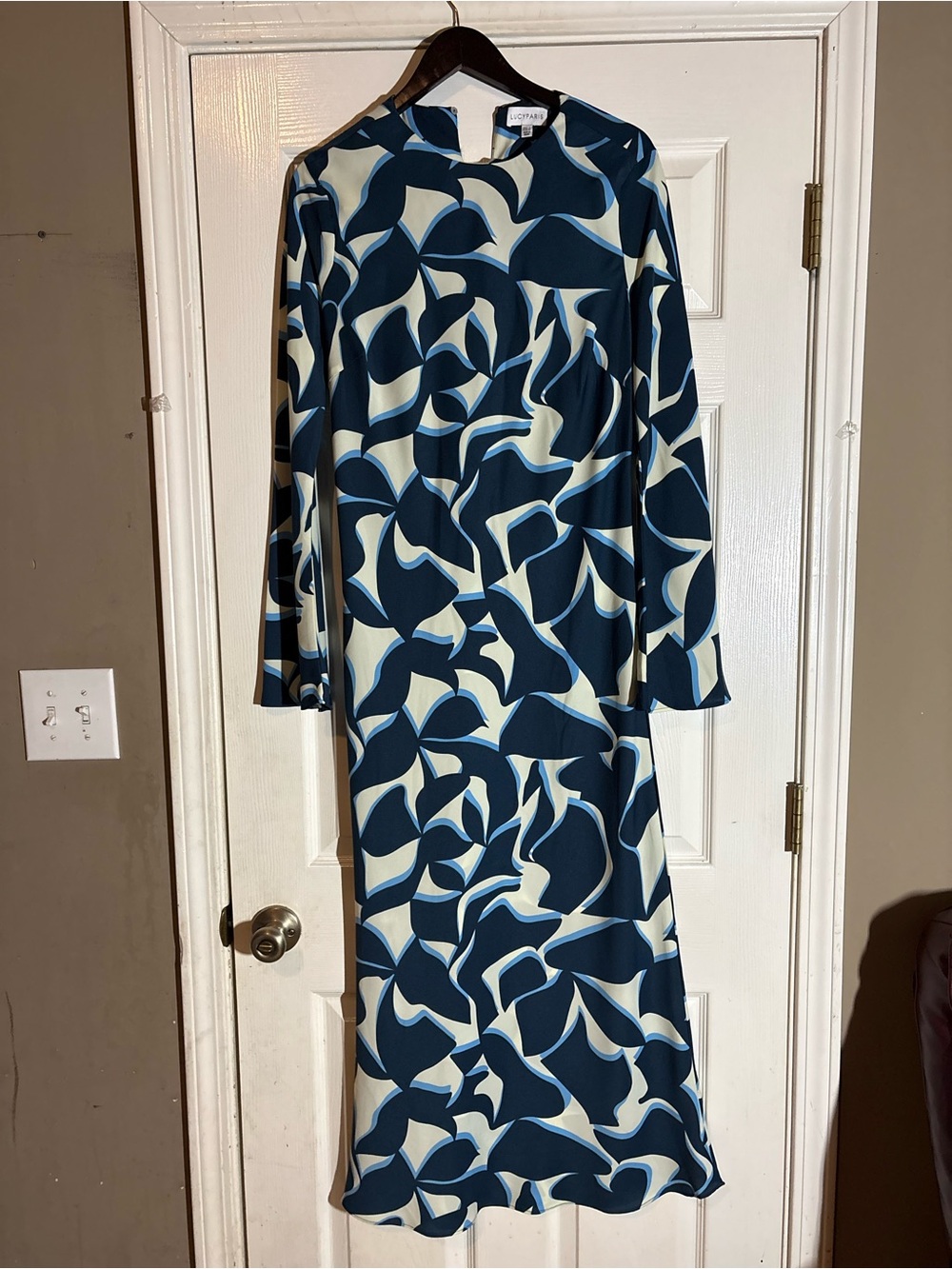 Lucy Paris Navy and Cream Abstract Long Sleeve Midi Dress